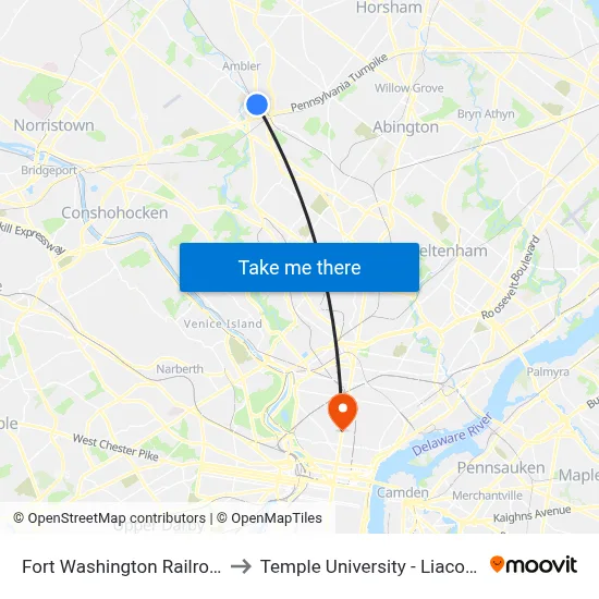 Fort Washington Railroad Station to Temple University - Liacouras Center map