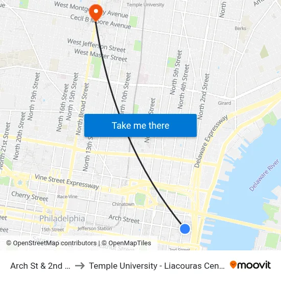 Arch St & 2nd St to Temple University - Liacouras Center map
