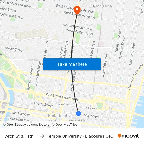 Arch St & 11th St to Temple University - Liacouras Center map