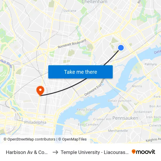 Harbison Av & Comly St to Temple University - Liacouras Center map