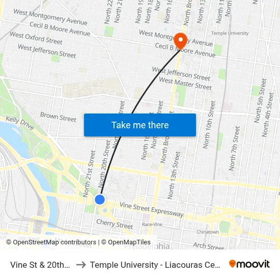 Vine St & 20th St to Temple University - Liacouras Center map