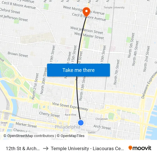 12th St & Arch St to Temple University - Liacouras Center map