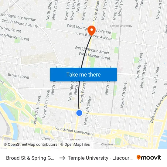 Broad St & Spring Garden St to Temple University - Liacouras Center map