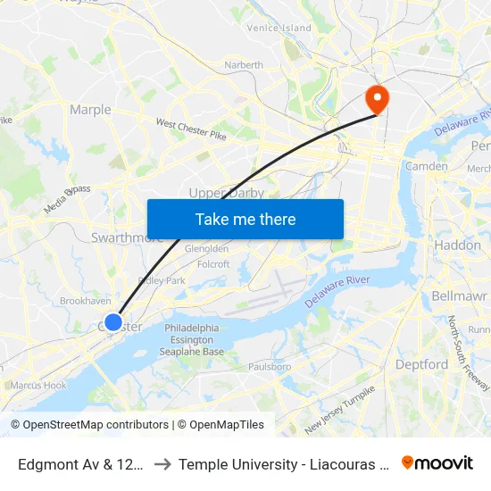 Edgmont Av & 12th St to Temple University - Liacouras Center map