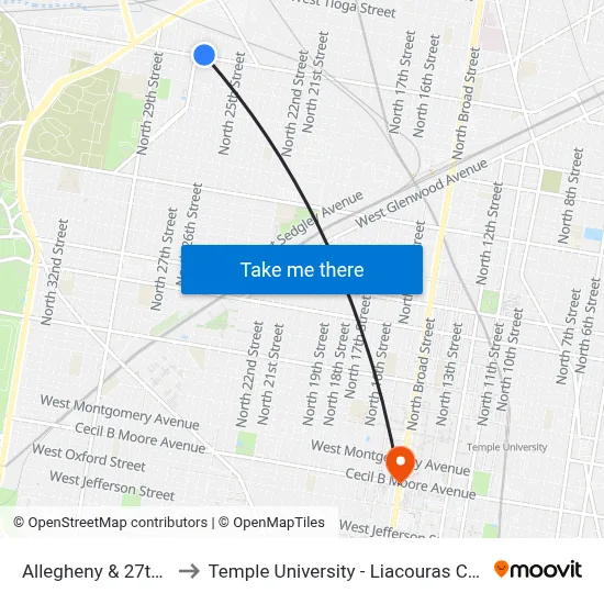 Allegheny & 27th St to Temple University - Liacouras Center map