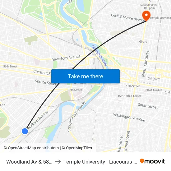 Woodland Av & 58th St to Temple University - Liacouras Center map
