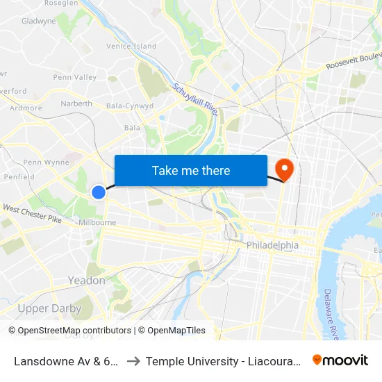 Lansdowne Av & 65th St to Temple University - Liacouras Center map