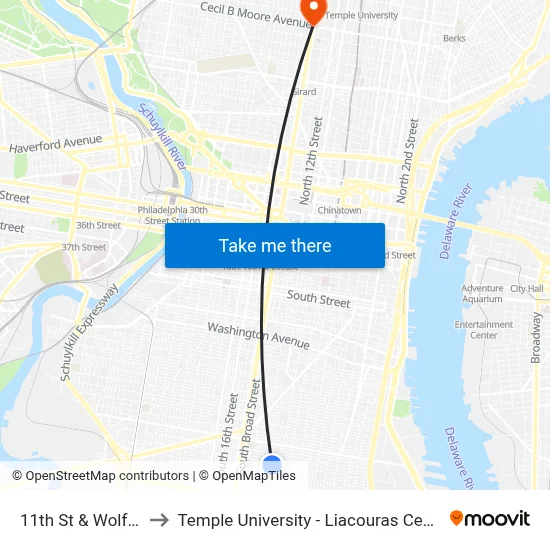 11th St & Wolf St to Temple University - Liacouras Center map