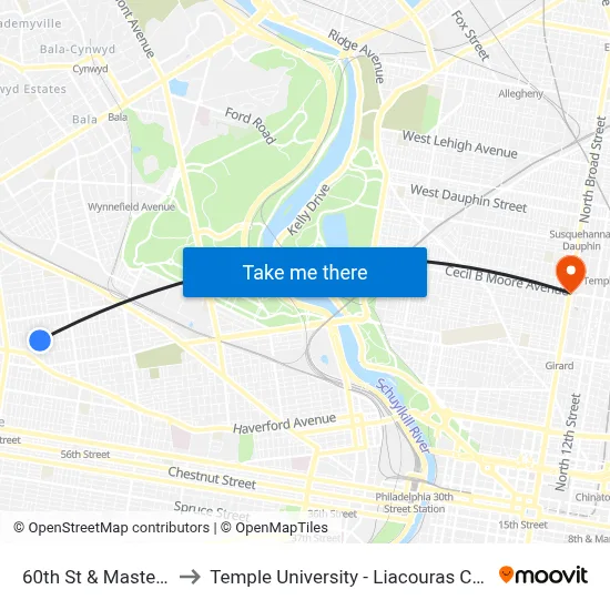 60th St & Master St to Temple University - Liacouras Center map