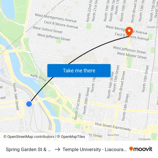 Spring Garden St & 31st St to Temple University - Liacouras Center map