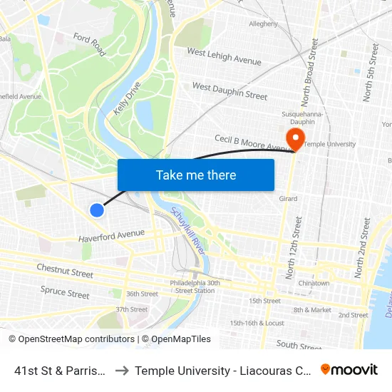 41st St & Parrish St to Temple University - Liacouras Center map