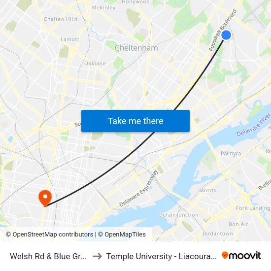Welsh Rd & Blue Grass Rd to Temple University - Liacouras Center map