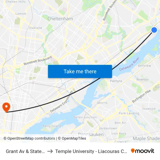 Grant Av & State Rd to Temple University - Liacouras Center map