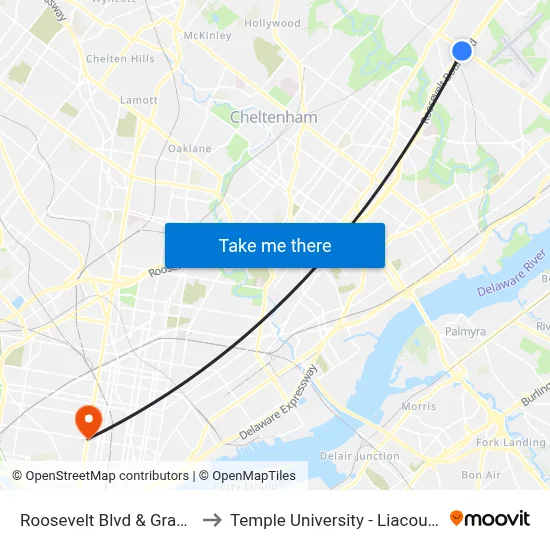 Roosevelt Blvd & Grant Av - FS to Temple University - Liacouras Center map