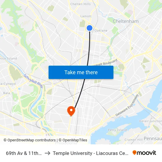 69th Av & 11th St to Temple University - Liacouras Center map