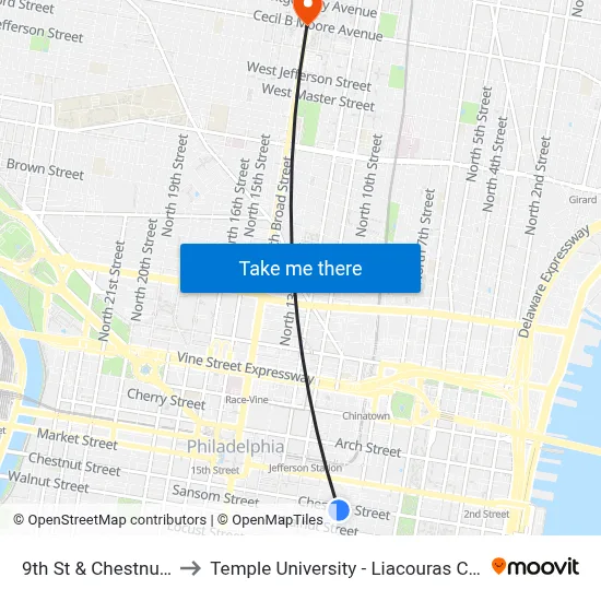 9th St & Chestnut St to Temple University - Liacouras Center map
