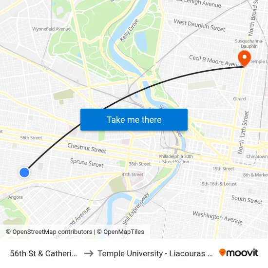 56th St & Catherine St to Temple University - Liacouras Center map