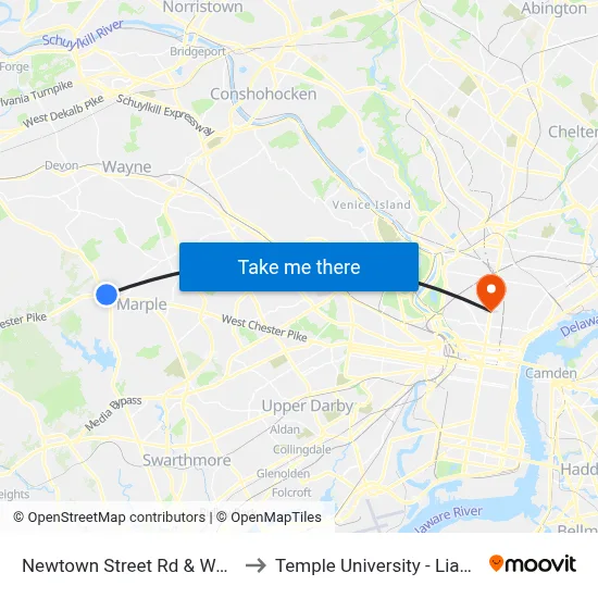 Newtown Street Rd & West Chester Pk to Temple University - Liacouras Center map