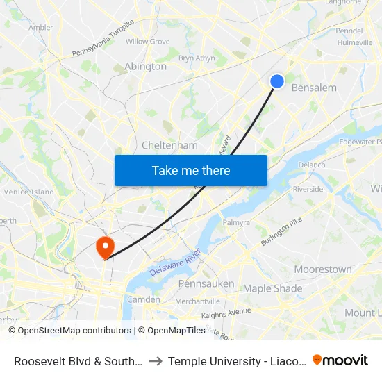 Roosevelt Blvd & Southampton Rd to Temple University - Liacouras Center map