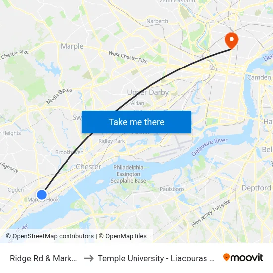 Ridge Rd & Market St to Temple University - Liacouras Center map