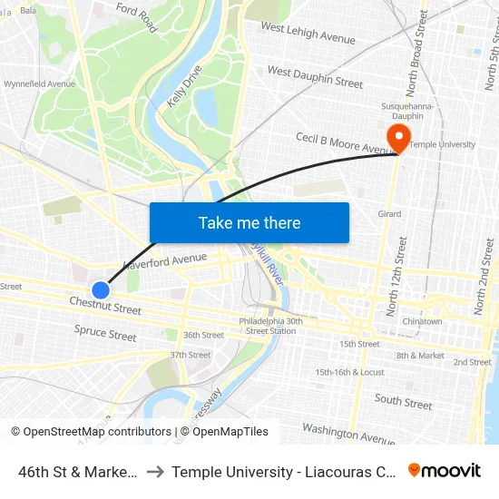 46th St & Market St to Temple University - Liacouras Center map
