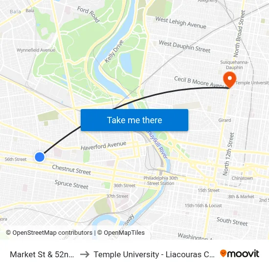 Market St & 52nd St to Temple University - Liacouras Center map