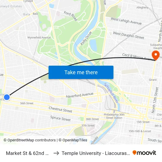 Market St & 62nd St - FS to Temple University - Liacouras Center map