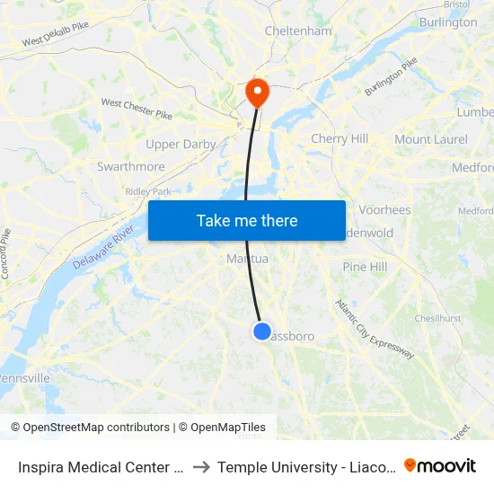 Inspira Medical Center Mullica Hill to Temple University - Liacouras Center map