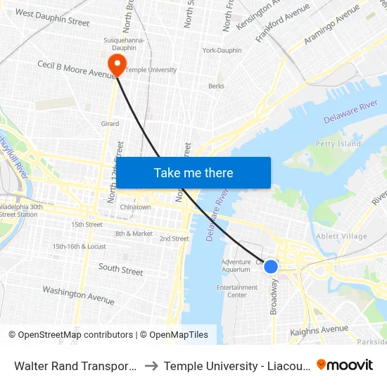 Walter Rand Transportation Ctr to Temple University - Liacouras Center map