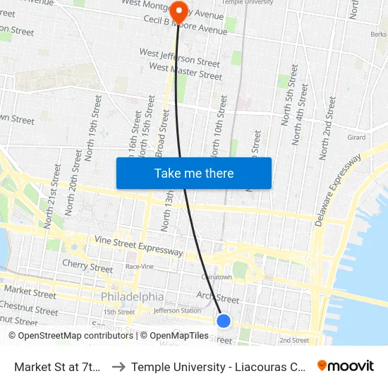 Market St at 7th St to Temple University - Liacouras Center map
