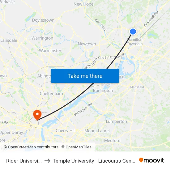 Rider University to Temple University - Liacouras Center map
