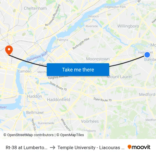 Rt-38 at Lumberton Rd to Temple University - Liacouras Center map