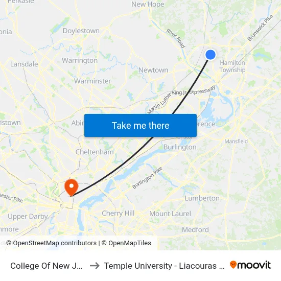 College Of New Jersey to Temple University - Liacouras Center map