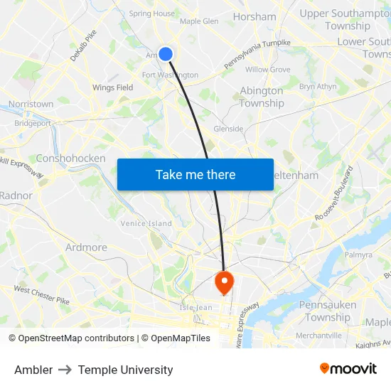 Ambler to Temple University map