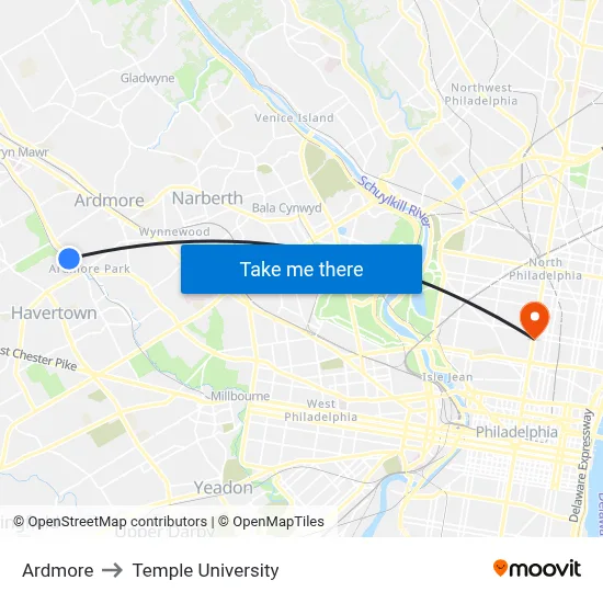Ardmore to Temple University map