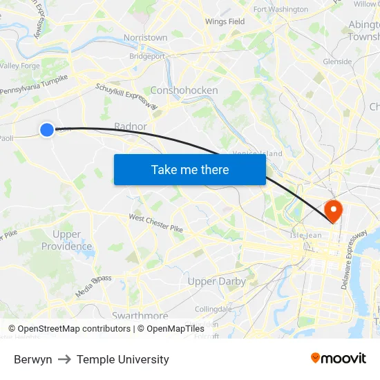 Berwyn to Temple University map