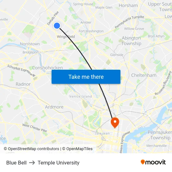 Blue Bell to Temple University map