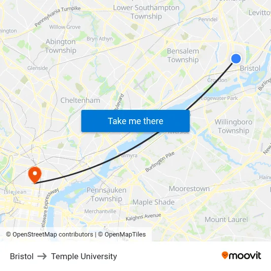 Bristol to Temple University map