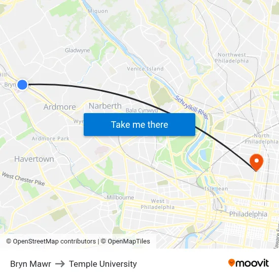Bryn Mawr to Temple University map