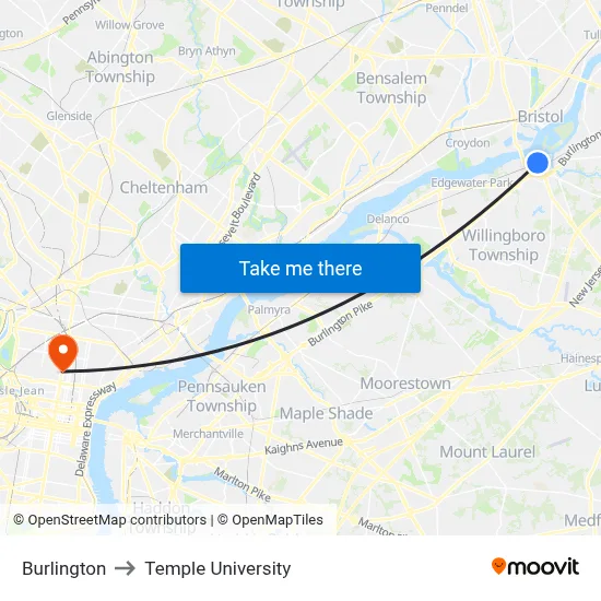 Burlington to Temple University map