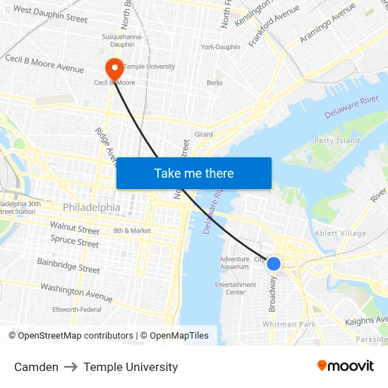 Camden to Temple University map