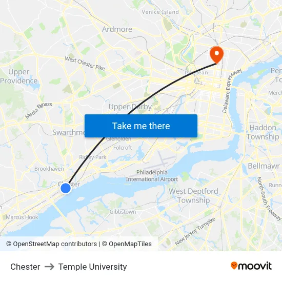 Chester to Temple University map