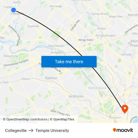 Collegeville to Temple University map