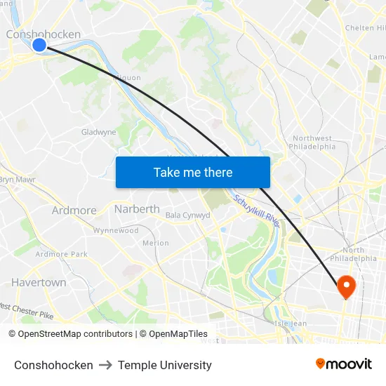 Conshohocken to Temple University map