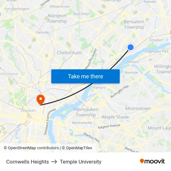 Cornwells Heights to Temple University map