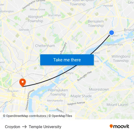 Croydon to Temple University map