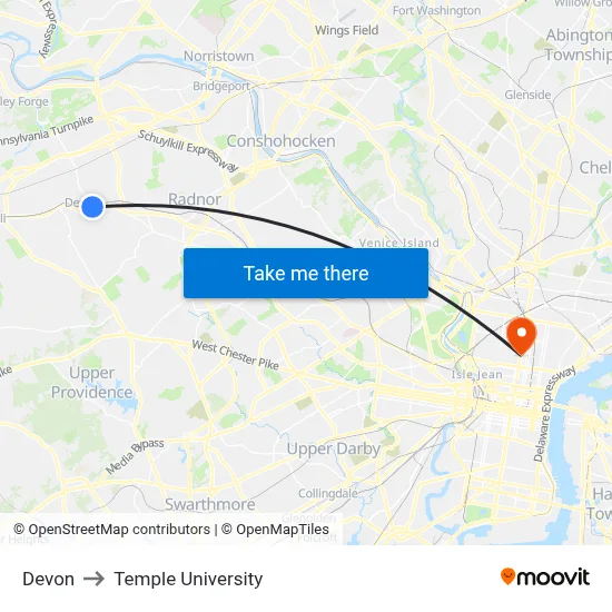 Devon to Temple University map