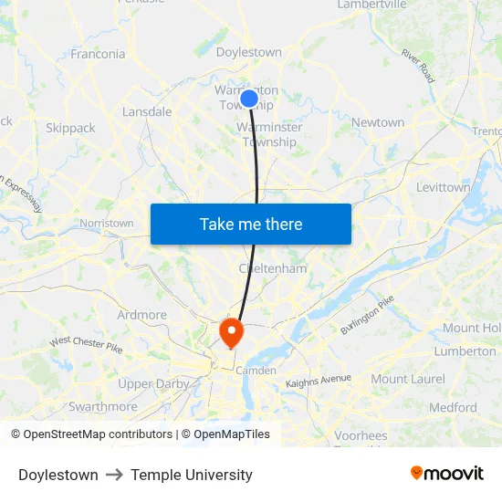 Doylestown to Temple University map