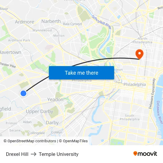 Drexel Hill to Temple University map