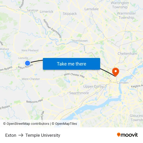 Exton to Temple University map